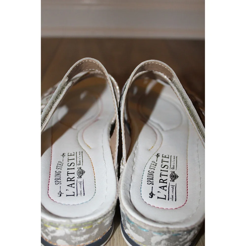 L'Artiste Spring‎ Step Caiman Floral Leather Wedge Slide Sandals Silver White 38